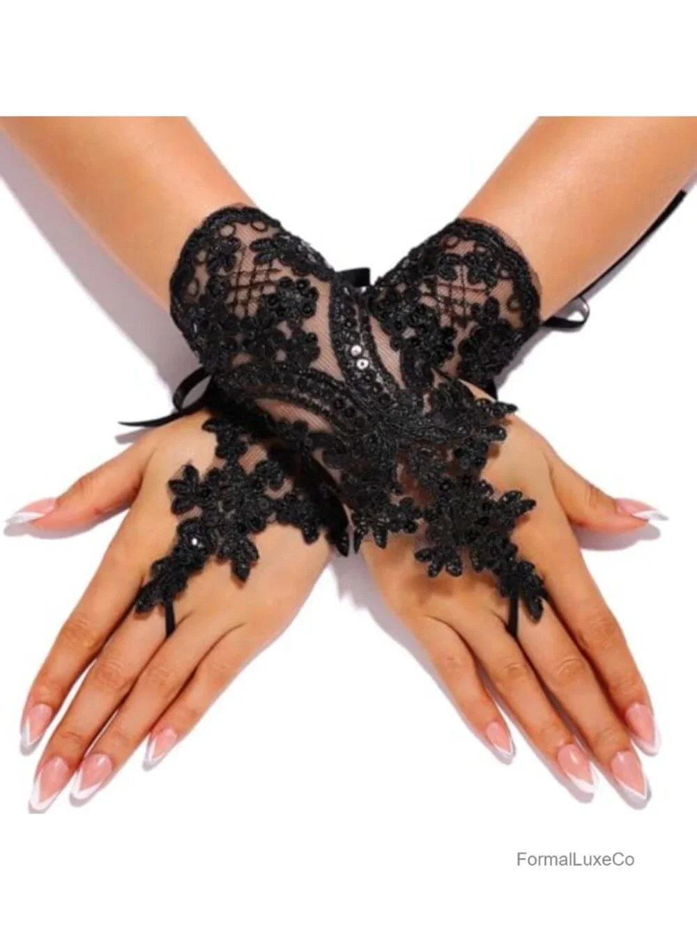 Vintage Lace Fingerless Gloves with Sequins for Wedding, Prom, Halloween
